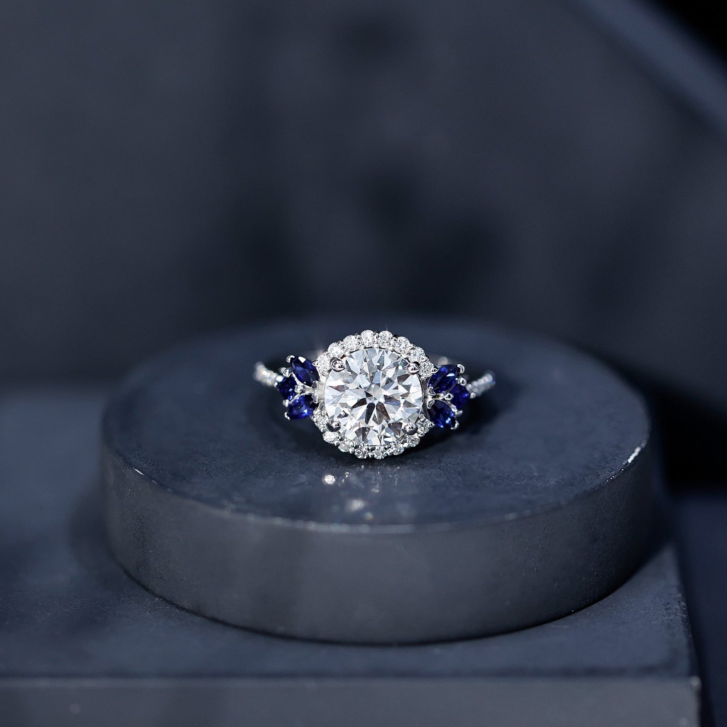 3 Carat Lab Grown Diamond Halo Engagement Ring With Blue Sapphire