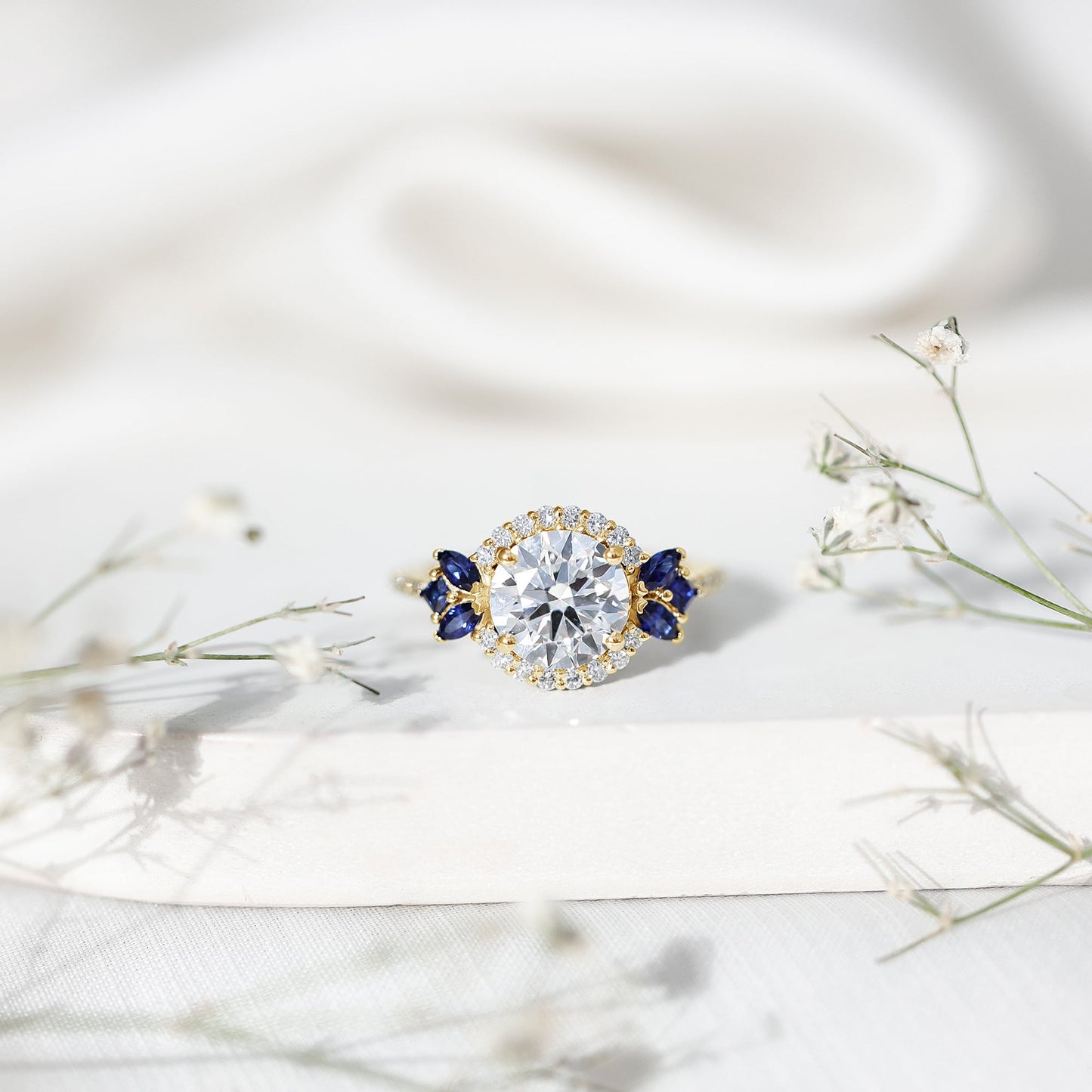 3 Carat Lab Grown Diamond Halo Engagement Ring With Blue Sapphire