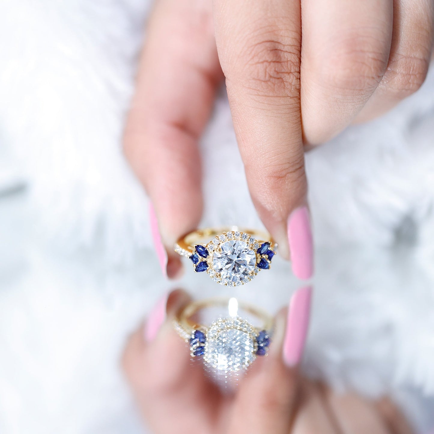 3 Carat Lab Grown Diamond Halo Engagement Ring With Blue Sapphire