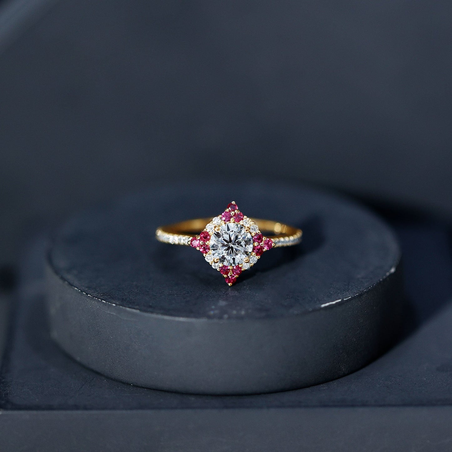 Certified Lab Grown Diamond Halo Engagement Ring with Ruby