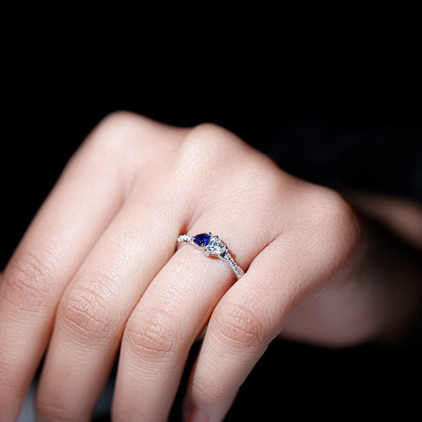 Natural Heart Shape Blue Sapphire Diamond 2 Stone Promise Ring