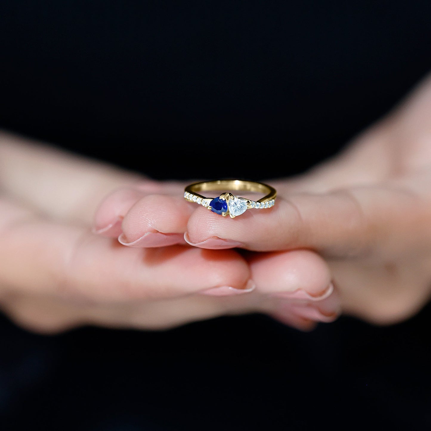 Natural Heart Shape Blue Sapphire Diamond 2 Stone Promise Ring