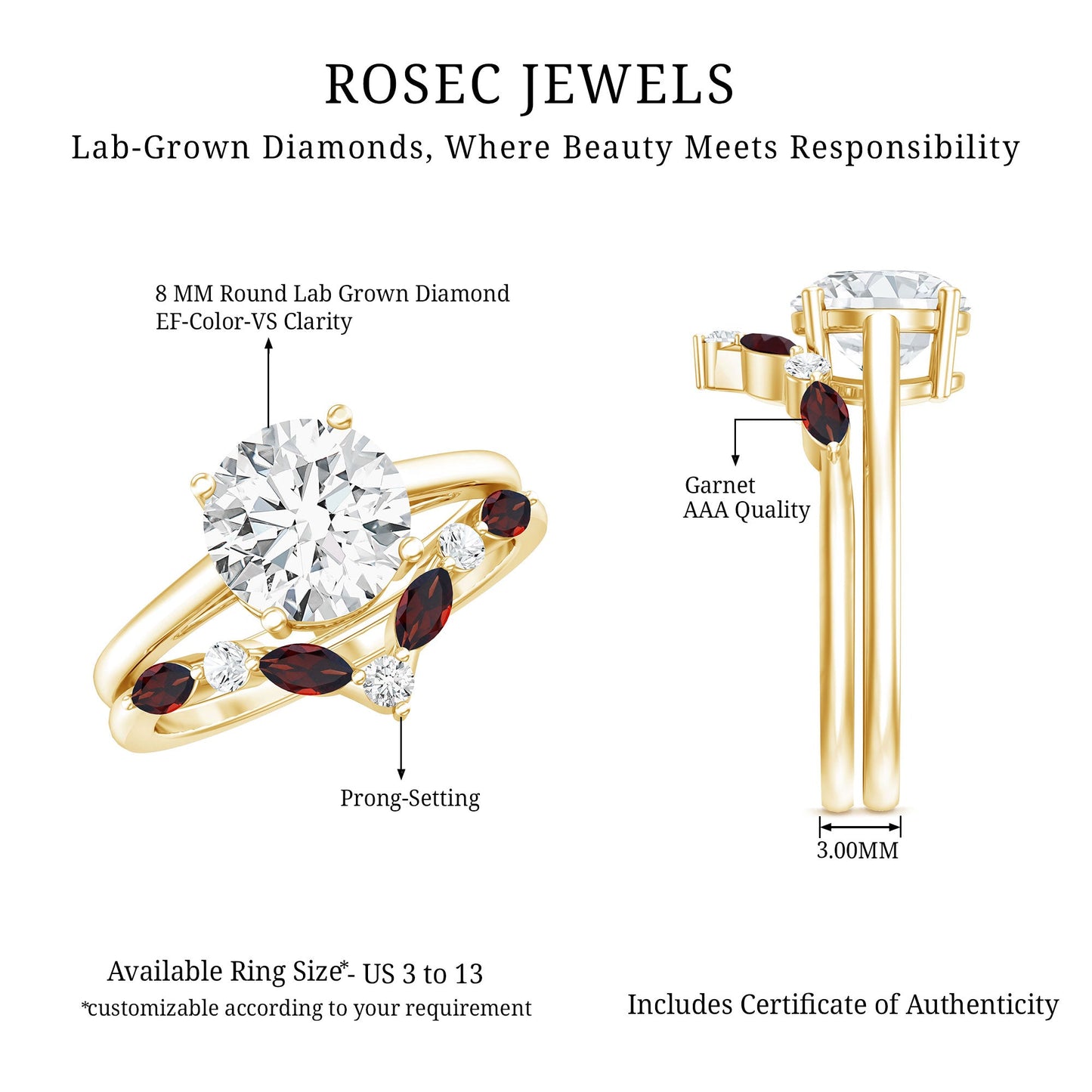 Certified 2 Carat Lab Grown Diamond Bridal Ring Set With Garnet Enhancer