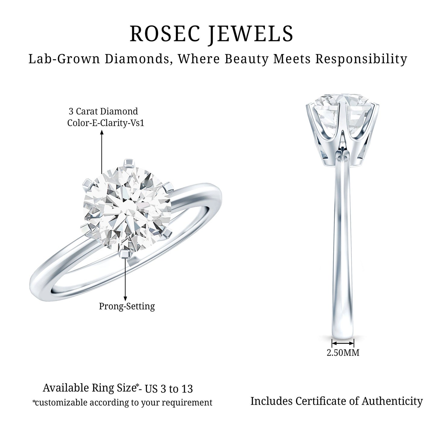 3 Carat IGI Certified Lab Grown Diamond Round Engagement Ring