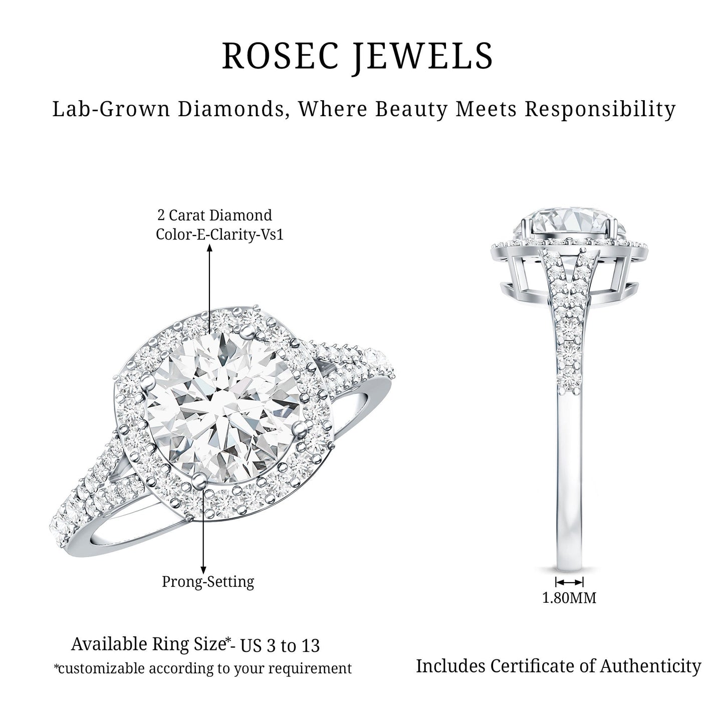 IGI Certified 2 Carat Round Lab Grown Diamond Statement Engagement Ring