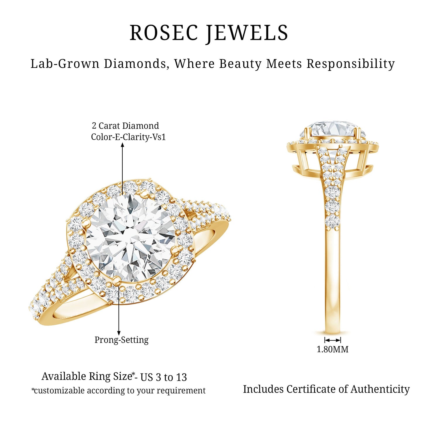 IGI Certified 2 Carat Round Lab Grown Diamond Statement Engagement Ring