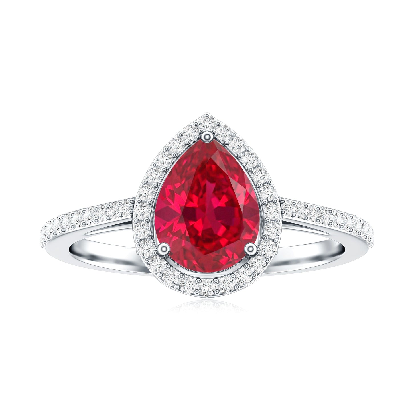 Pear Shape Lab Grown Ruby Teardrop Engagement Ring with Diamond Halo