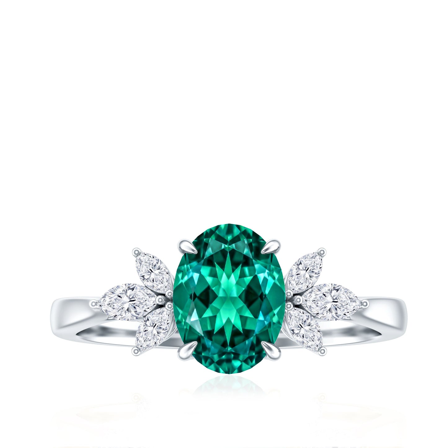1.2 Carat Lab Created Emerald Oval Engagement Ring with Diamond Trio
