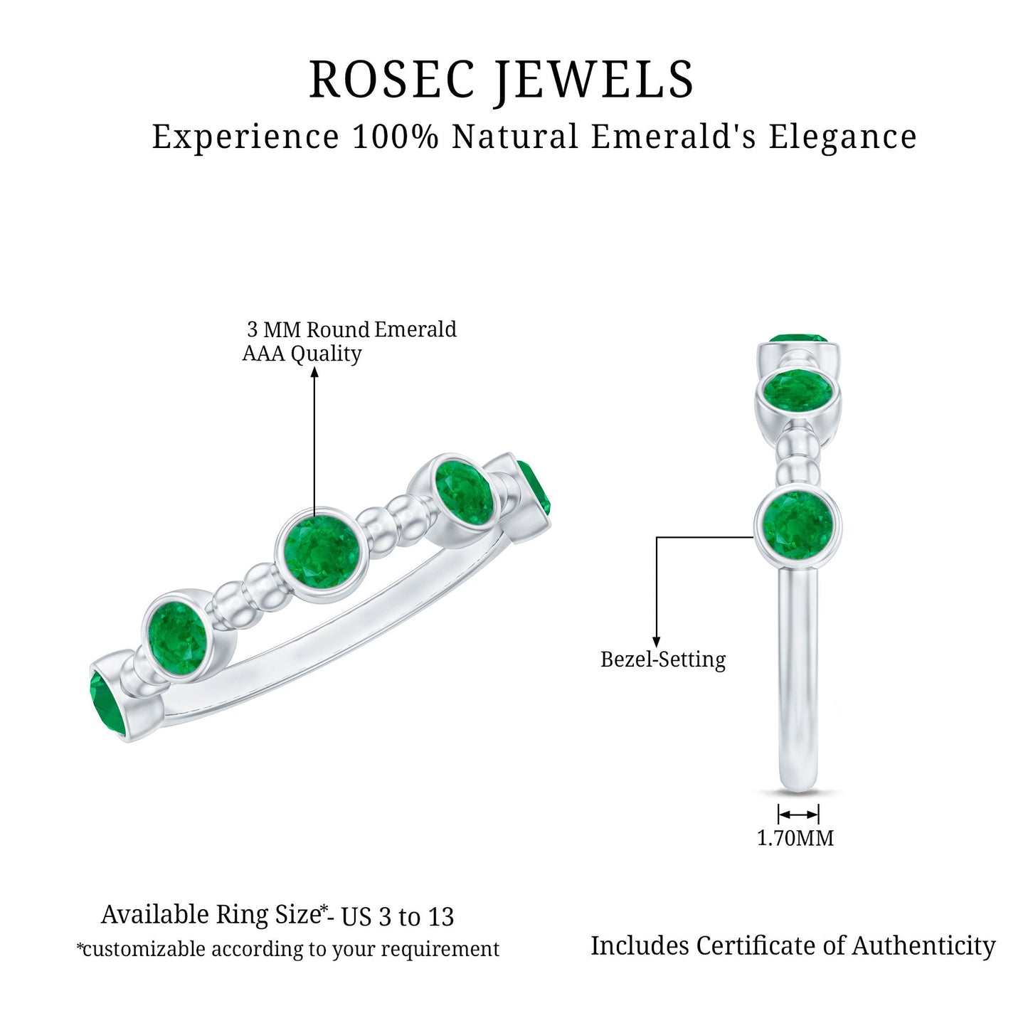 Bezel Set Emerald Half Eternity Ring with Beaded Design