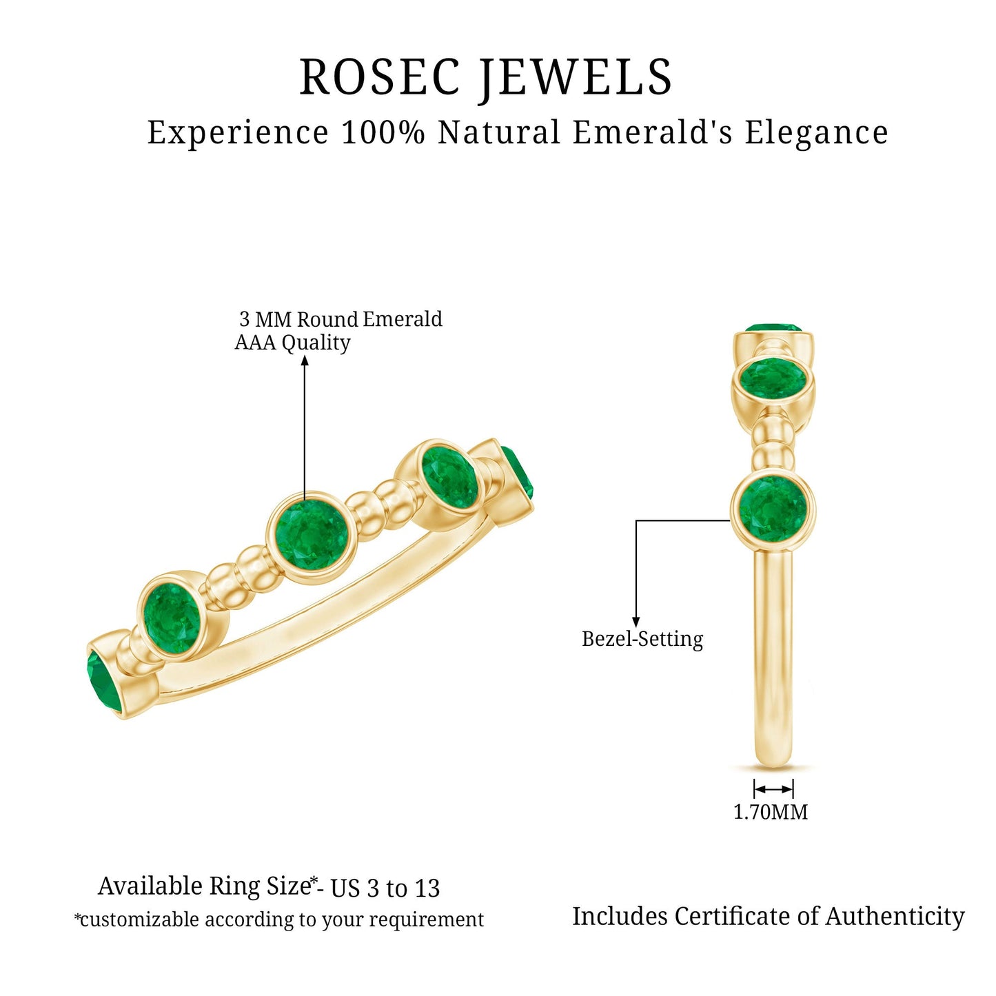 Bezel Set Emerald Half Eternity Ring with Beaded Design