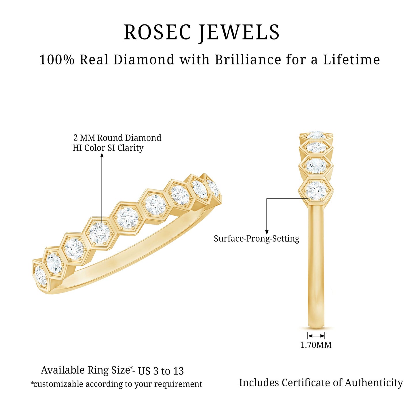 Real Diamond Hexagon Half Eternity Ring for Women
