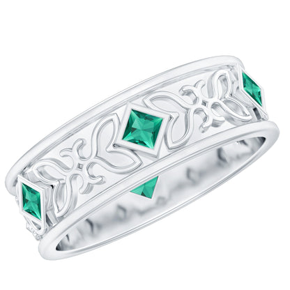 Princess Cut Lab Created Emerald Vintage Inspired Wedding Band