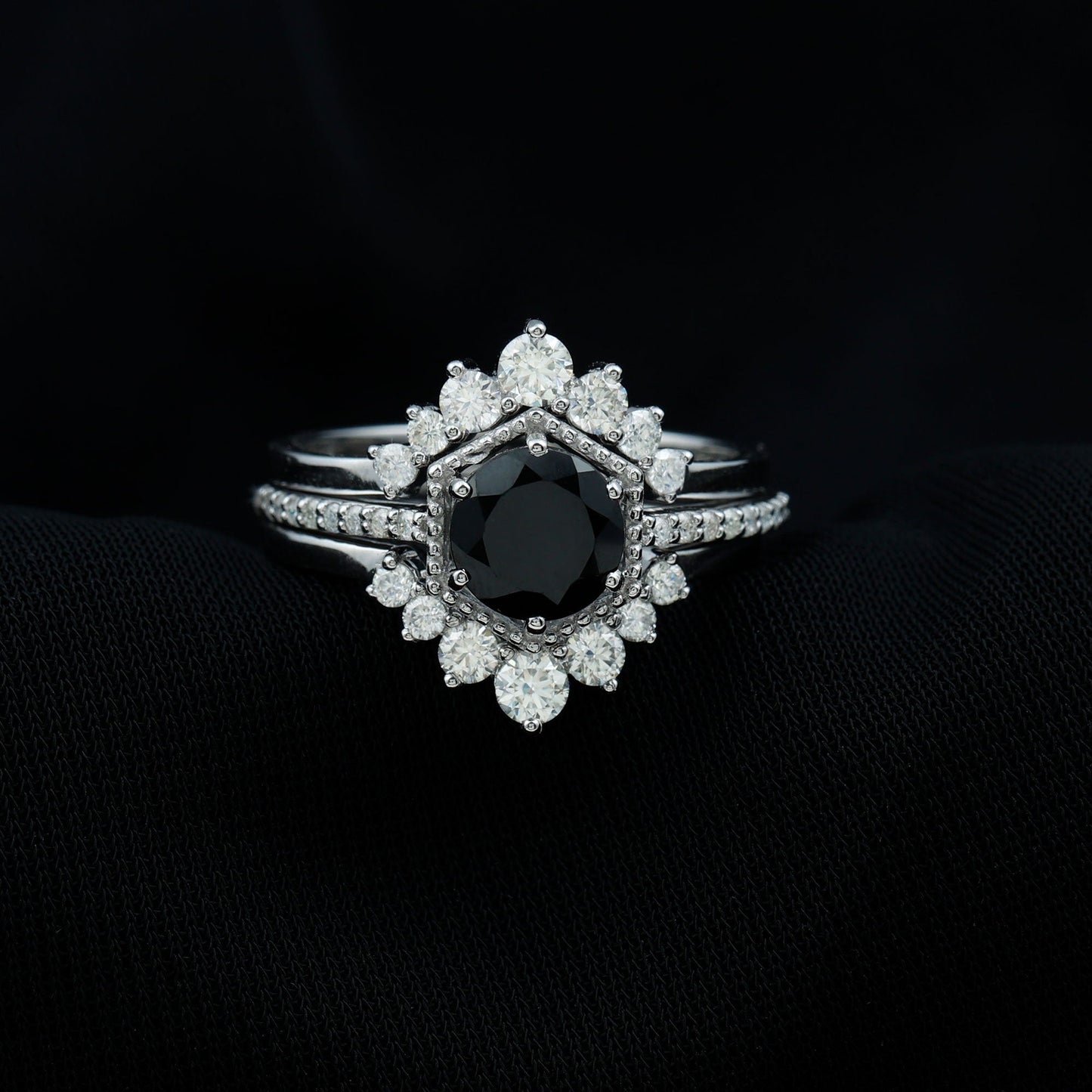 2.6 Carat Vintage Style Black Spinel 3 Piece Ring Set with Moissanite