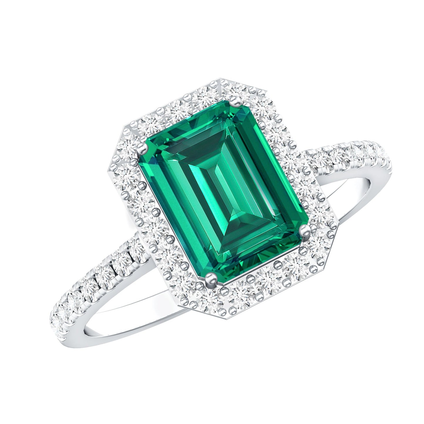 Lab Grown Emerald Halo Engagement Ring With Real Diamond