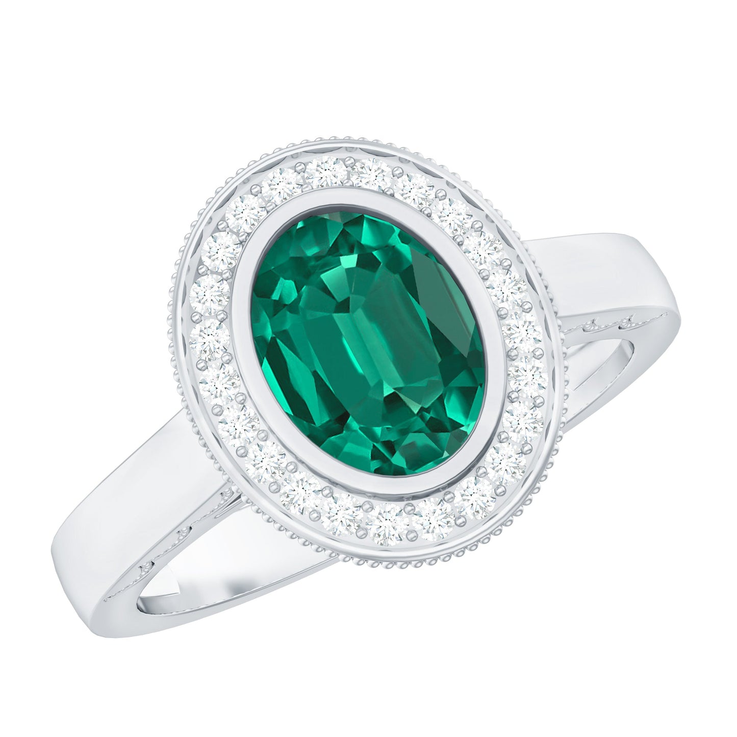 1.2 Carat Oval Lab Grown Emerald Bezel Set Engagement Ring With Diamond Halo