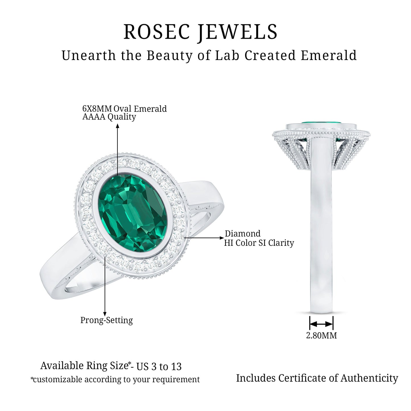 1.2 Carat Oval Lab Grown Emerald Bezel Set Engagement Ring With Diamond Halo