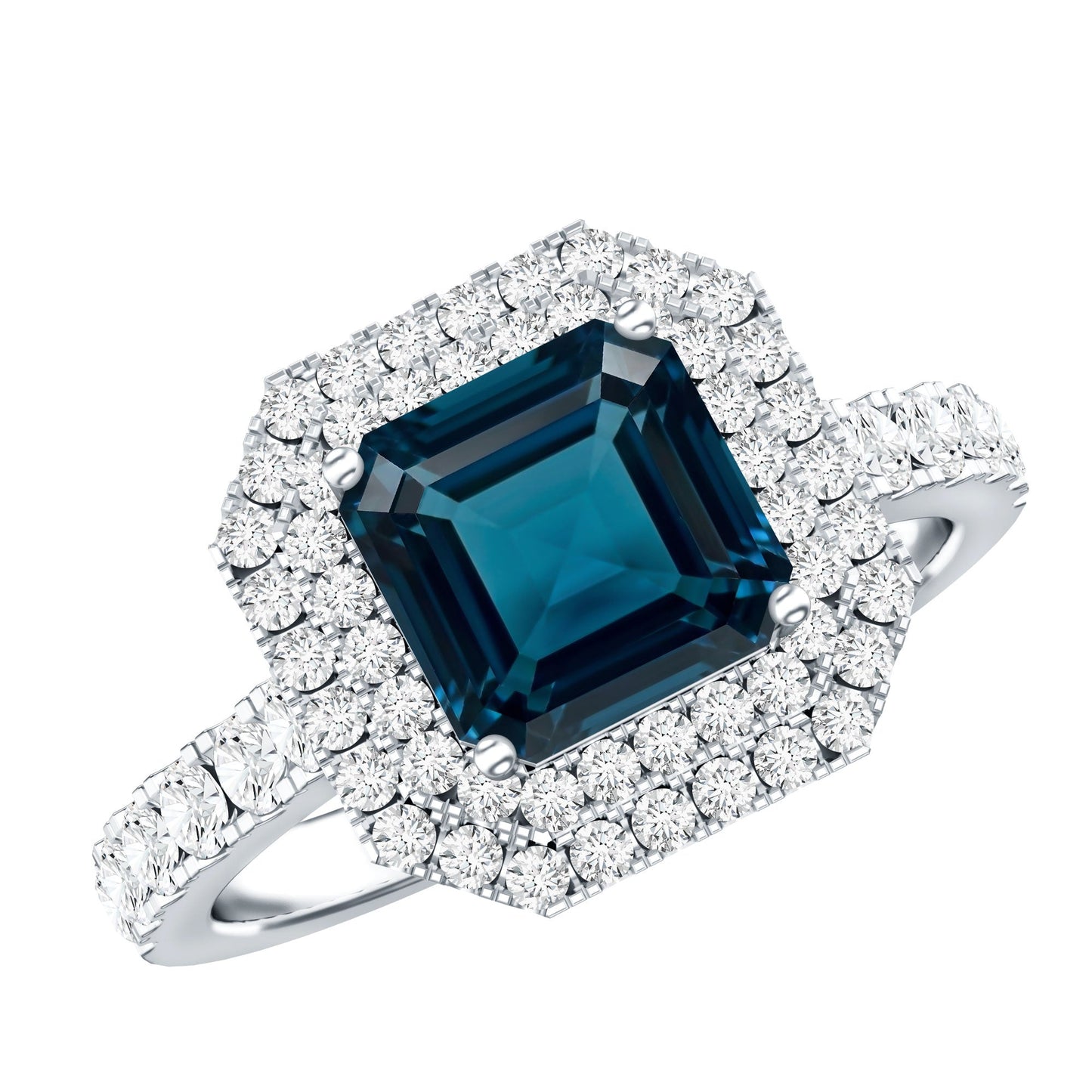 3 Carat Asscher Cut London Blue Topaz Engagement Ring with Double Halo