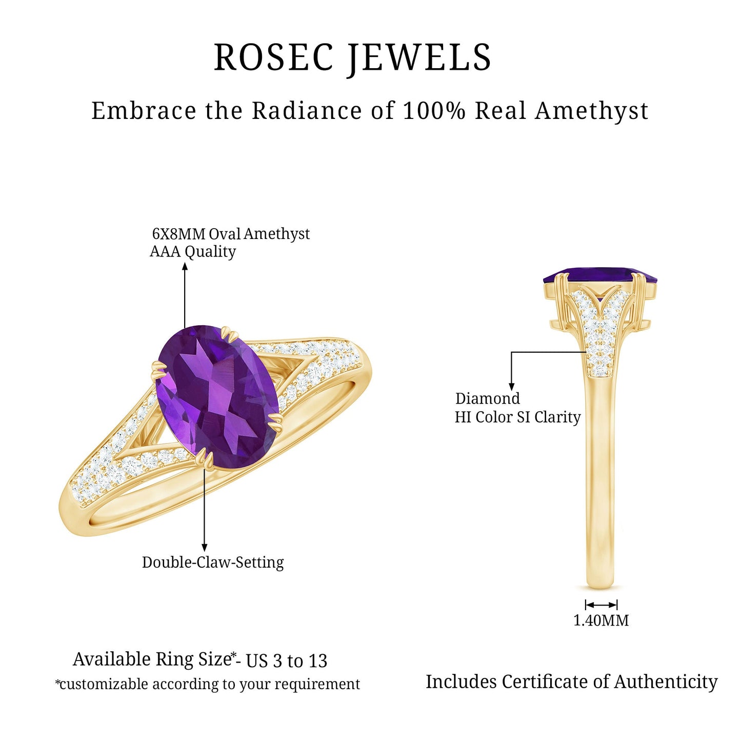 1 Carat Oval Amethyst Solitaire Engagement Ring with Diamond Split Shank
