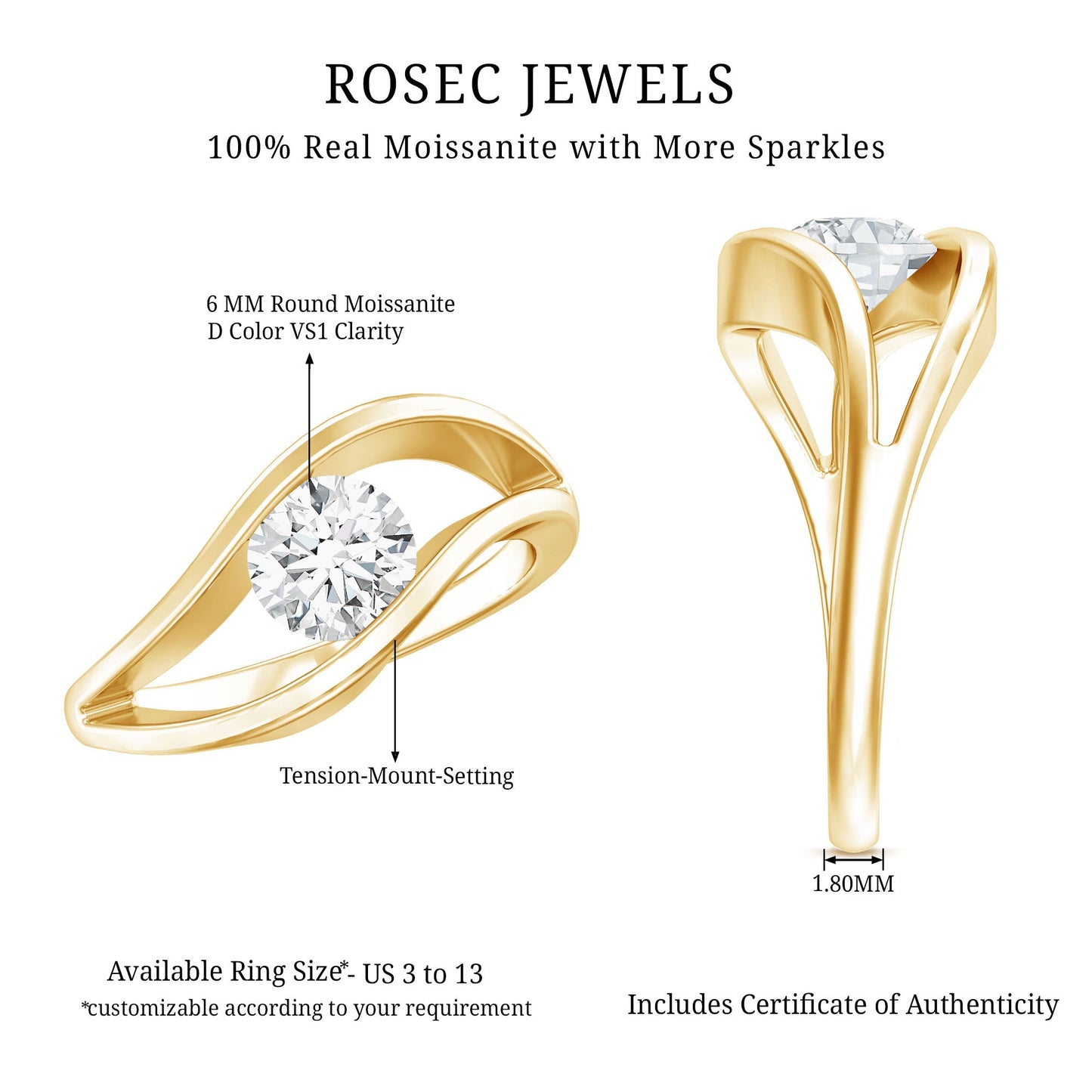 Certified 0.98 Carat Round Moissanite Solitaire Ring with Tension Setting