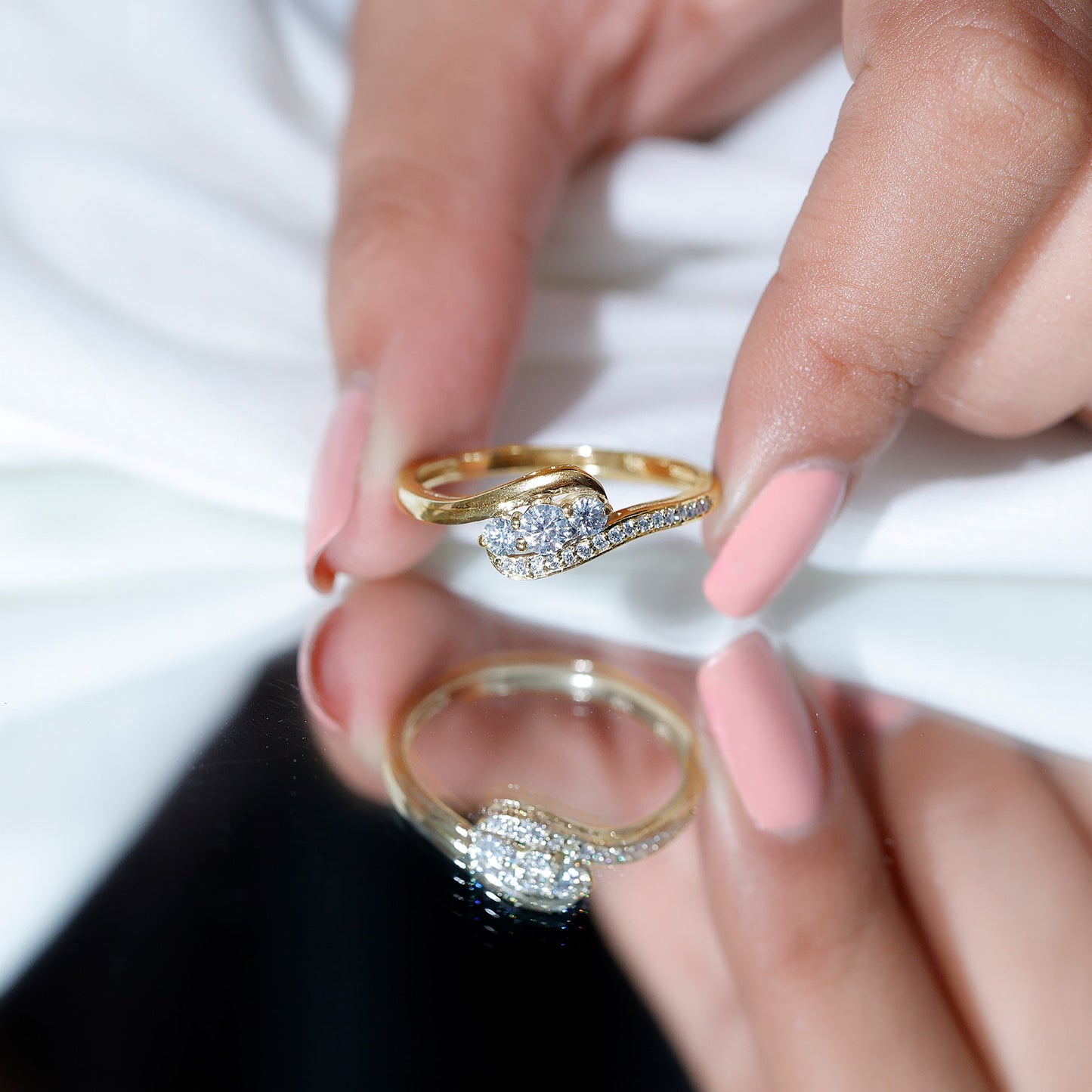 Certified Moissanite Three Stone Engagement Ring with Bypass Shank
