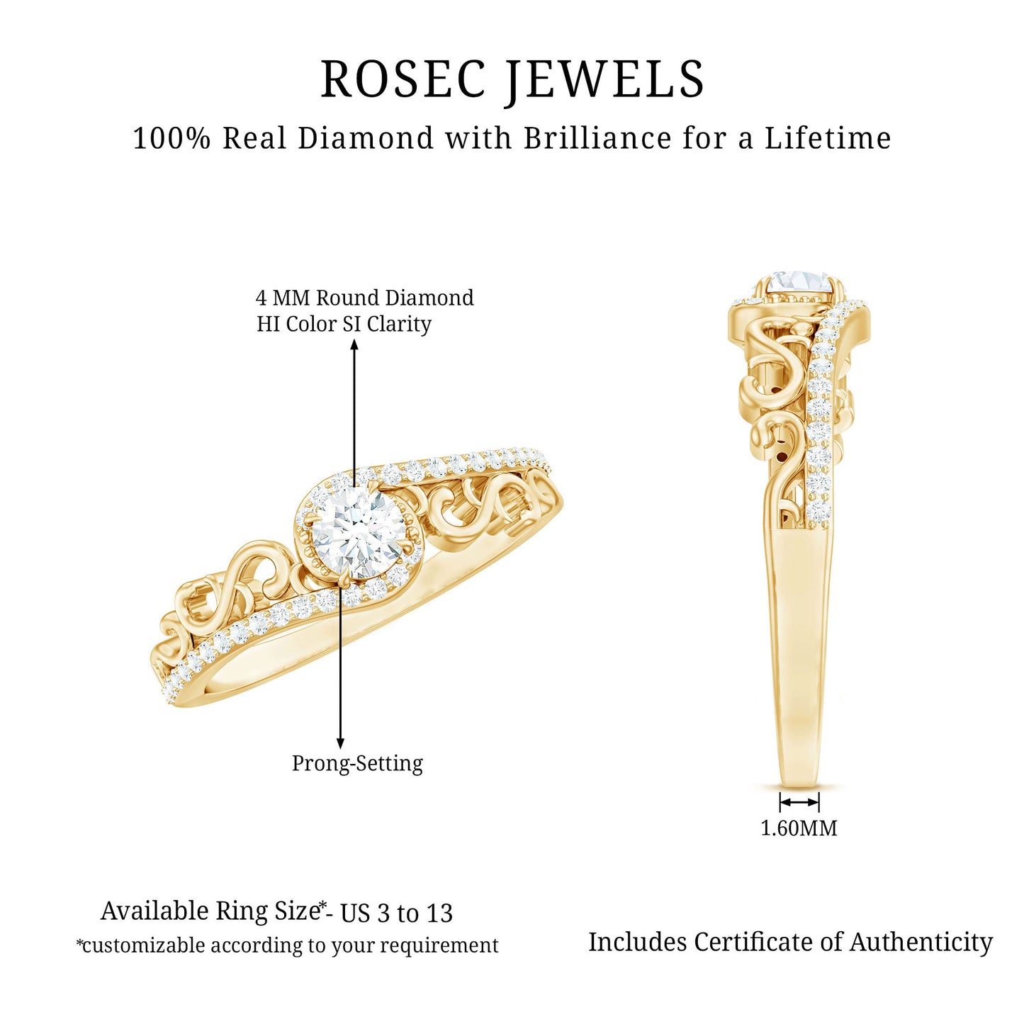Vintage Style Diamond Engagement Ring with Bypass Shank