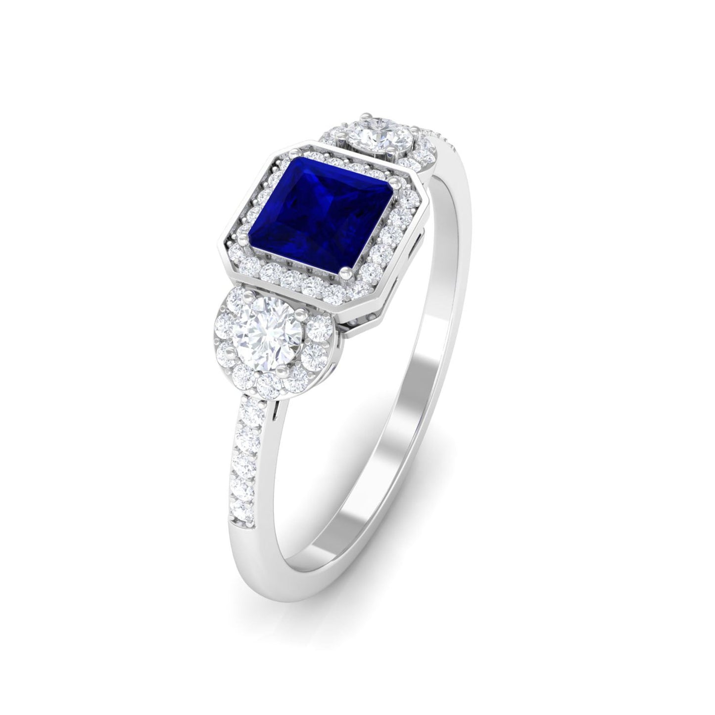 Real Blue Sapphire Princess Cut Blue Sapphire Engagement Ring with Diamond