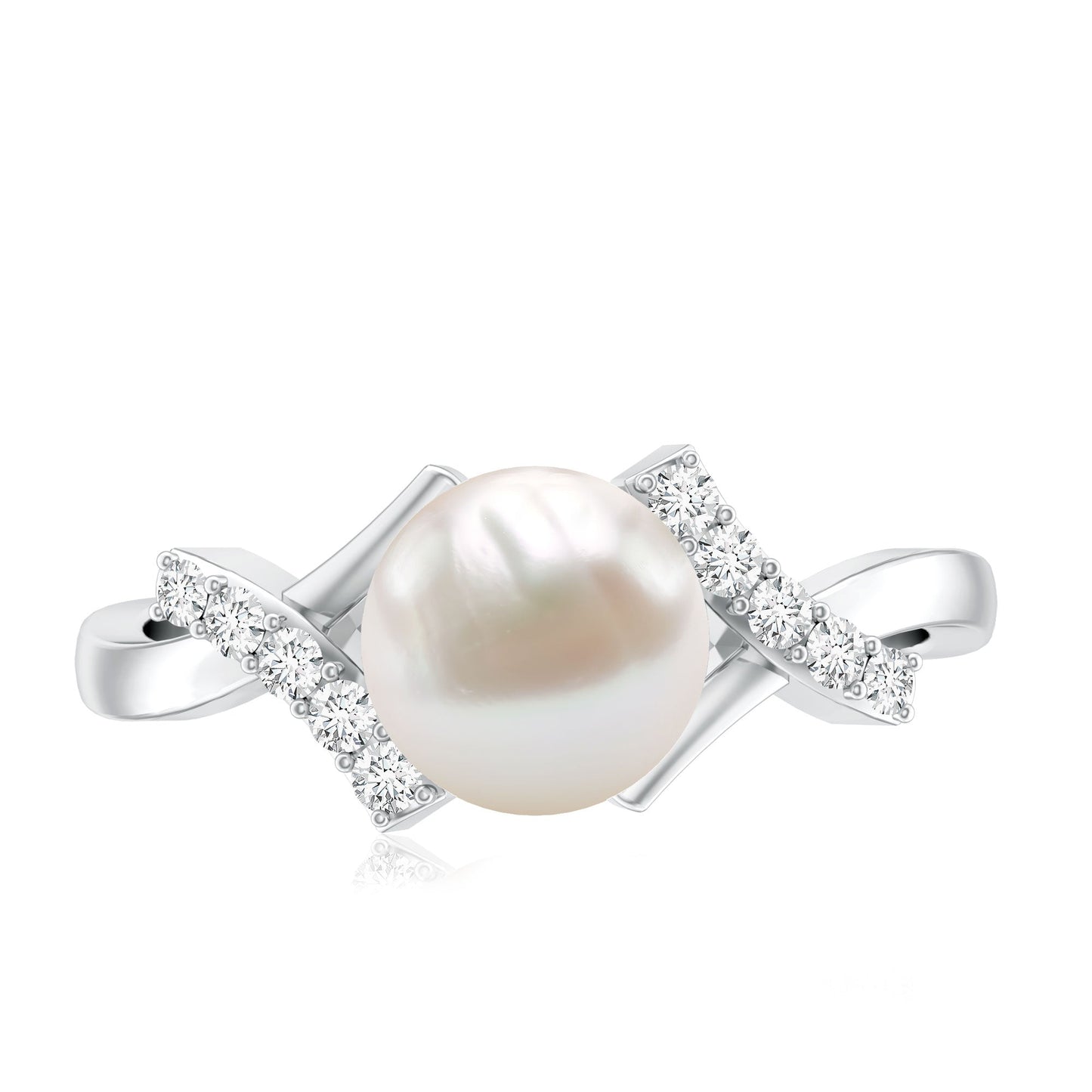 Freshwater Pearl Solitaire Crossover Engagement Ring with Diamond
