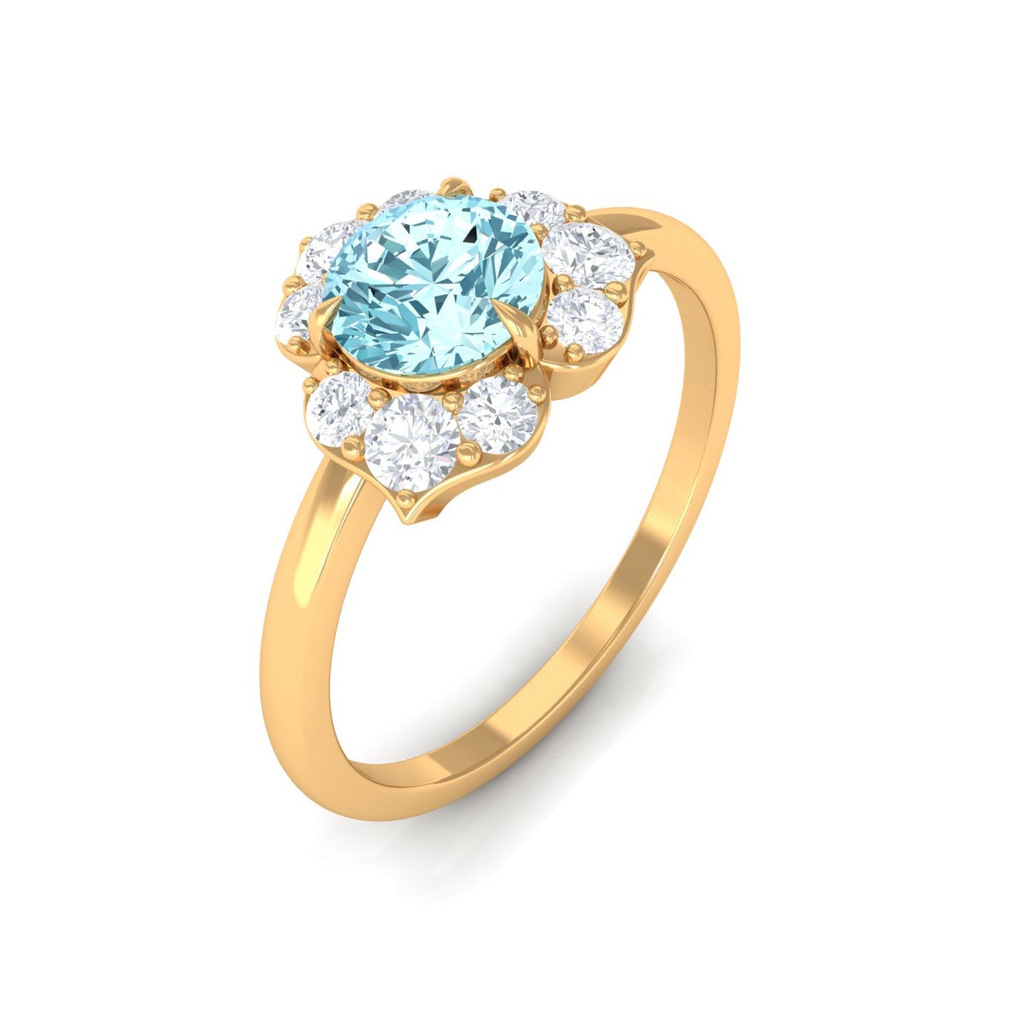 Real Round Aquamarine and Diamond Flower Engagement Ring with Certificate