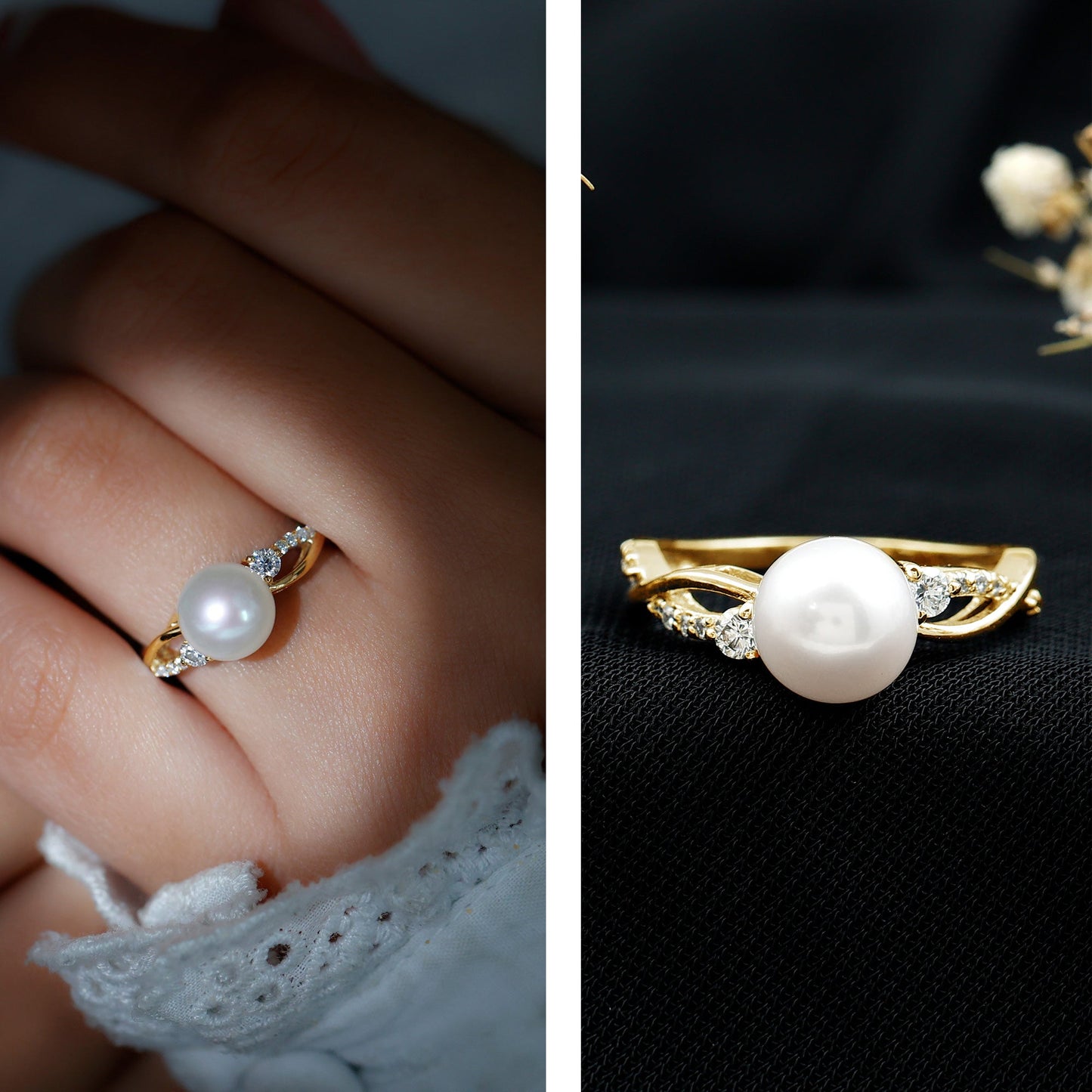 Genuine 7.4 Carat Freshwater Pearl Engagement Ring with Diamond Crossover Shank