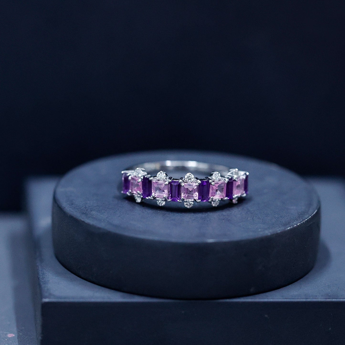 Lab Created Pink Sapphire and Amethyst Half Eternity Band with Diamond
