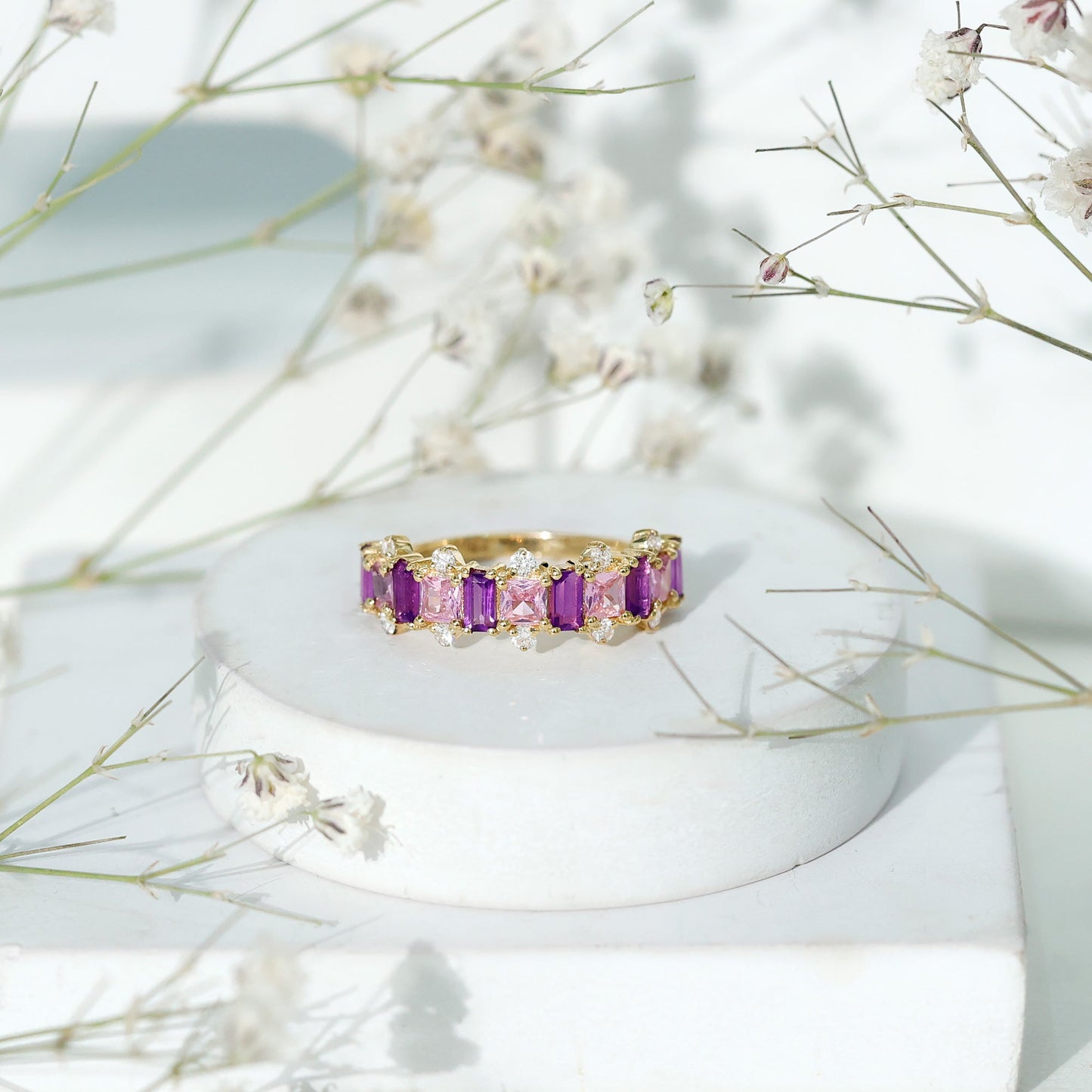 Lab Created Pink Sapphire and Amethyst Half Eternity Band with Diamond