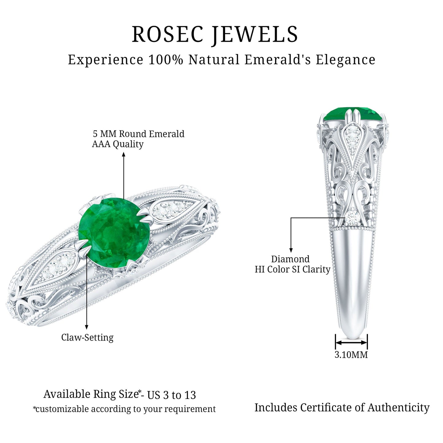 Natural Emerald Diamond Antique Looking Engagement Ring