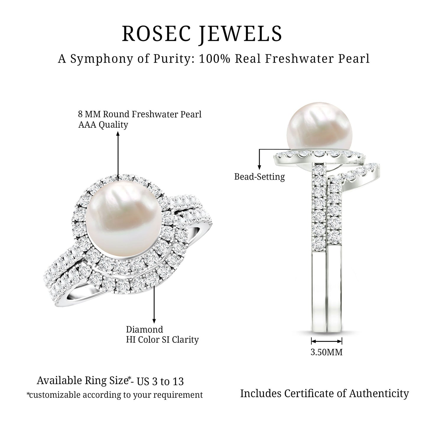 Cultured 7.4 Carat Freshwater Pearl Engagement Ring with Diamond Wedding Band