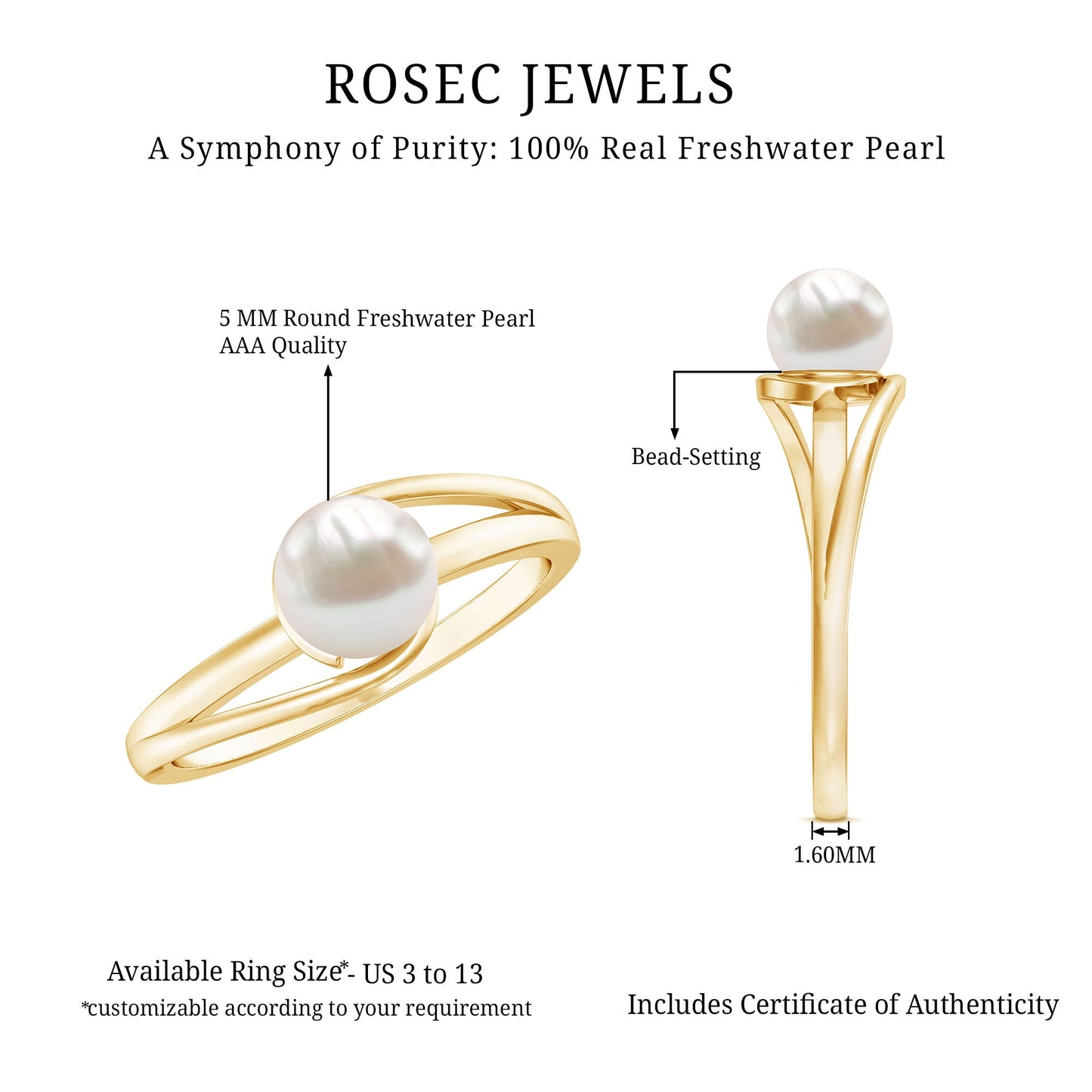 Cultured 2 Carat Freshwater Pearl Solitaire Engagement Ring with Bypass Shank