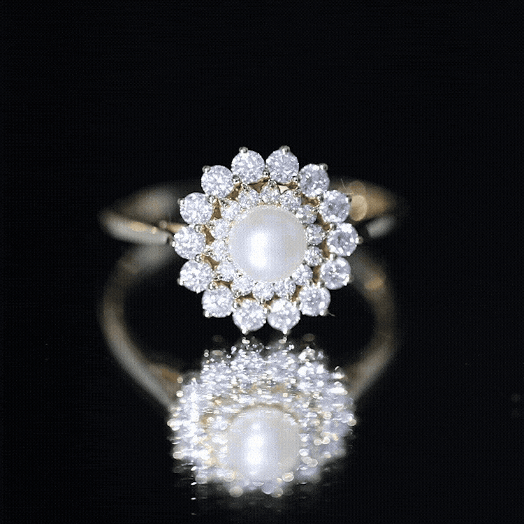 Certified Real Freshwater Pearl Flower Engagement Ring with Moissanite