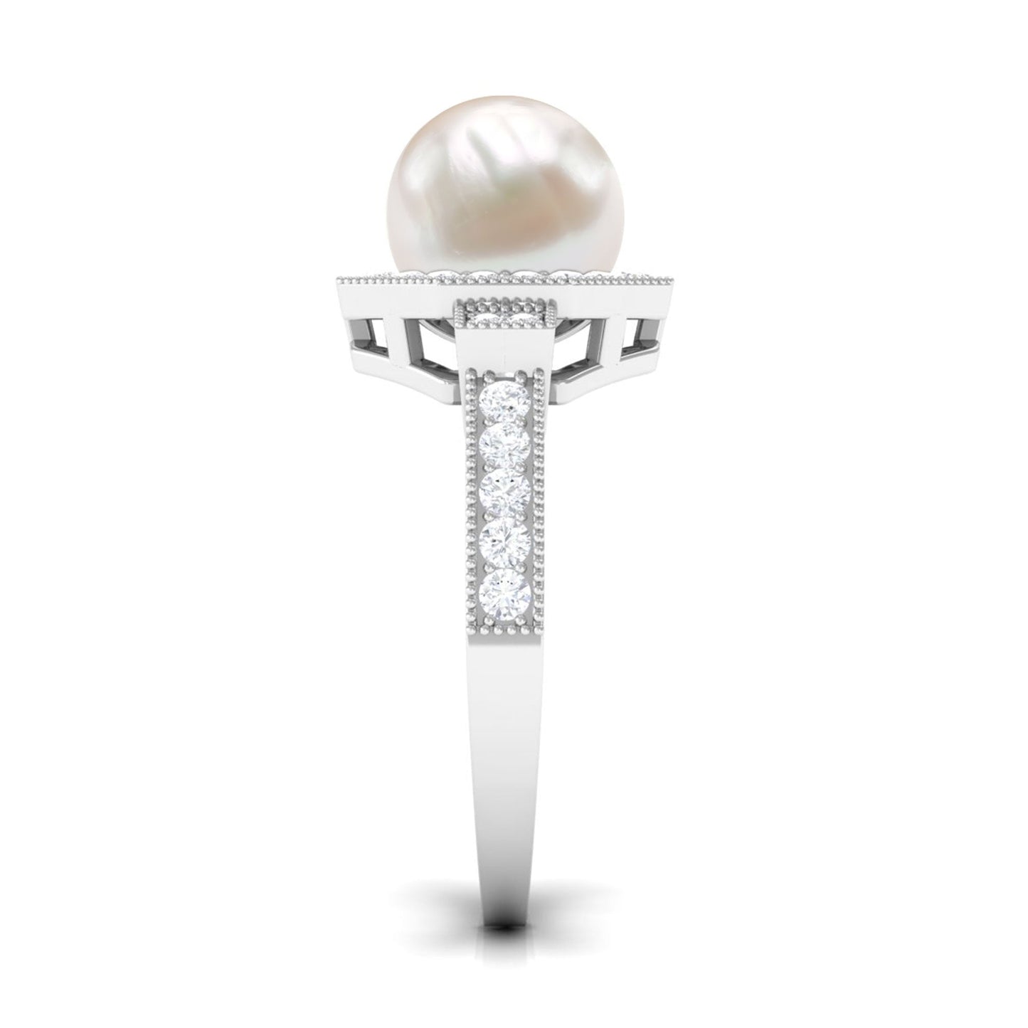 Art Deco Inspired 2.2 Carat Freshwater Pearl Engagement Ring with Diamond Halo