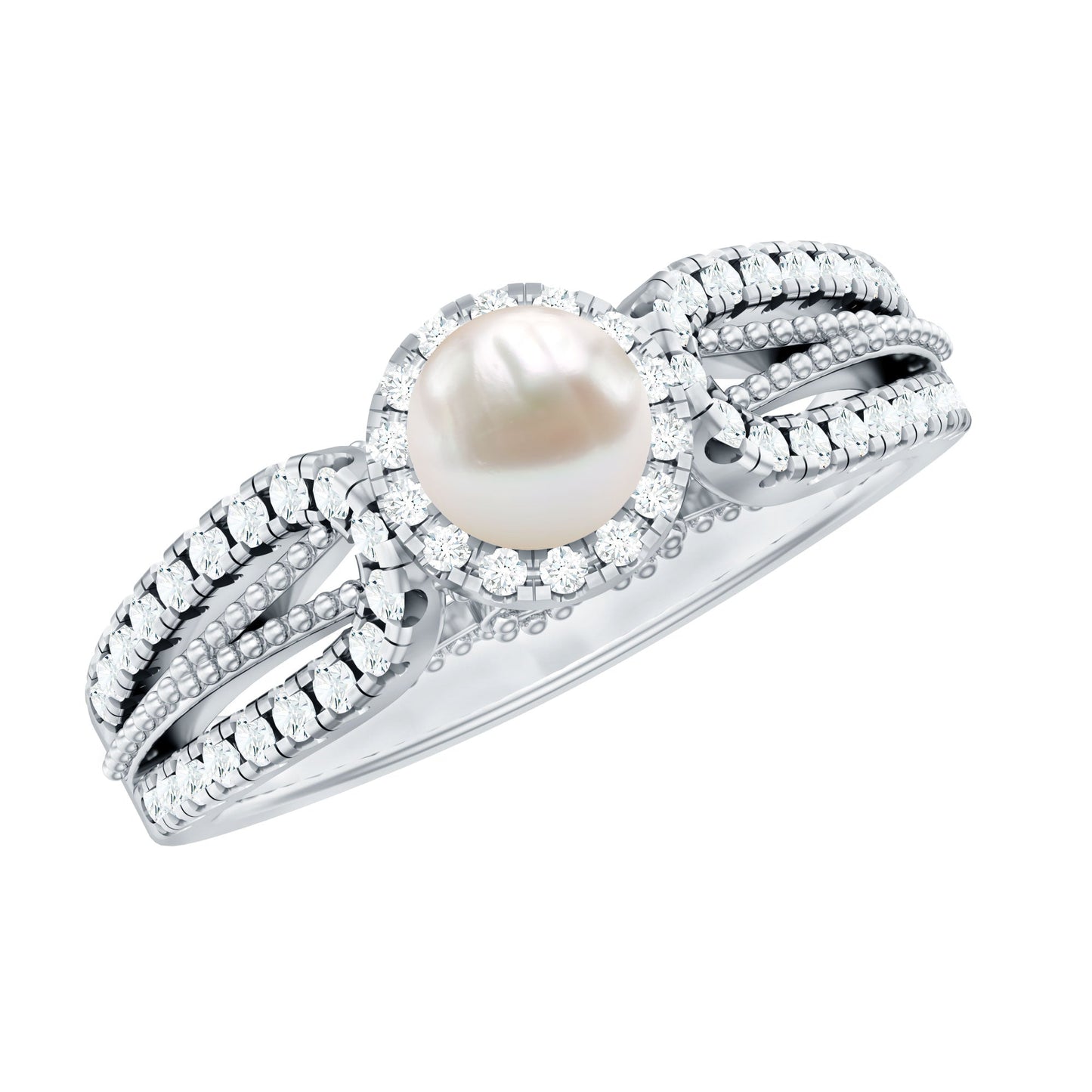 2 Carat Freshwater Pearl and Diamond Engagement Ring with Beaded Detail