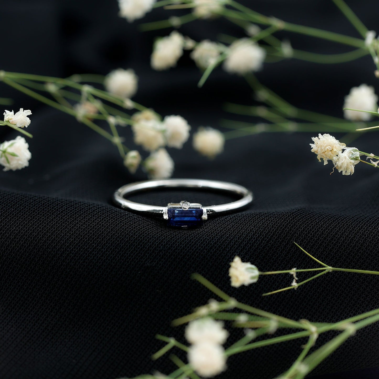 Natural Baguette Blue Sapphire Promise Ring for Women