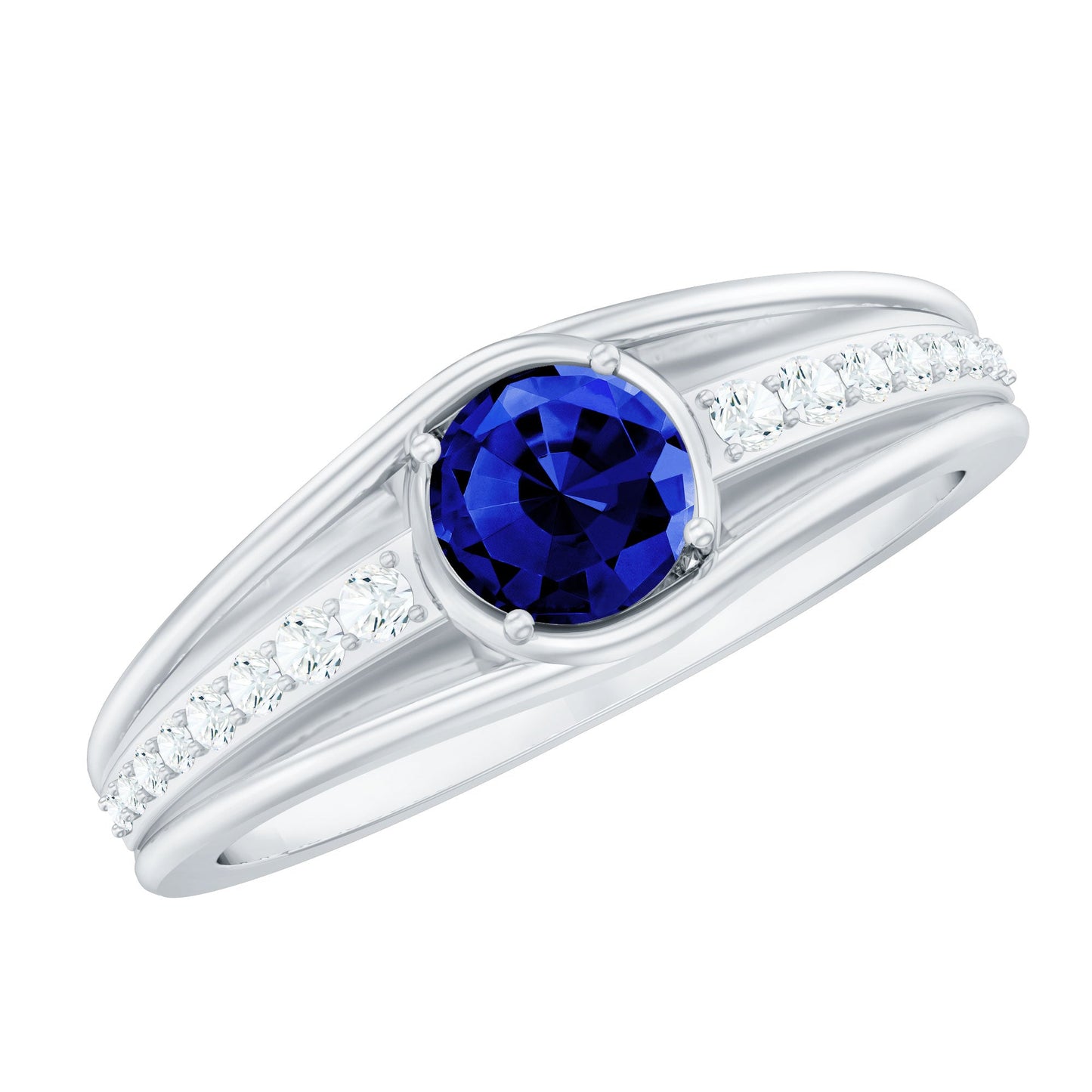 0.6 Carat Created Blue Sapphire and Diamond Classic Engagement Ring