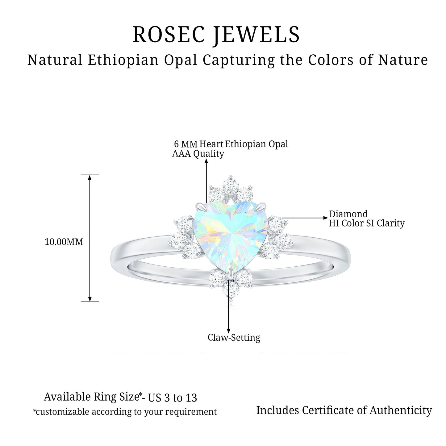 Natural 0.75 Carat Opalescent Heart Engagement Ring with Diamond