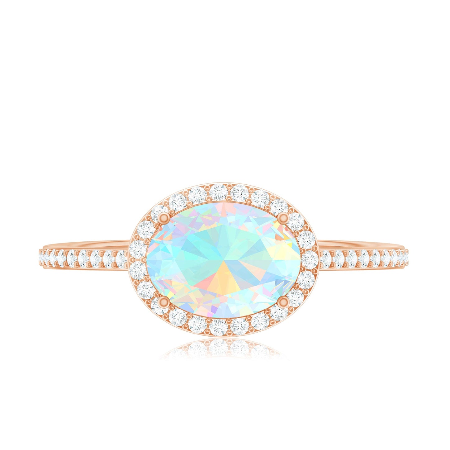 Genuine 1.2 Carat Oval Opalescent East West Engagement Ring with Diamond Halo