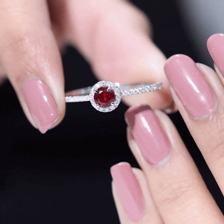 0.6 Carat Lab Created Ruby and Diamond Halo Engagement Ring