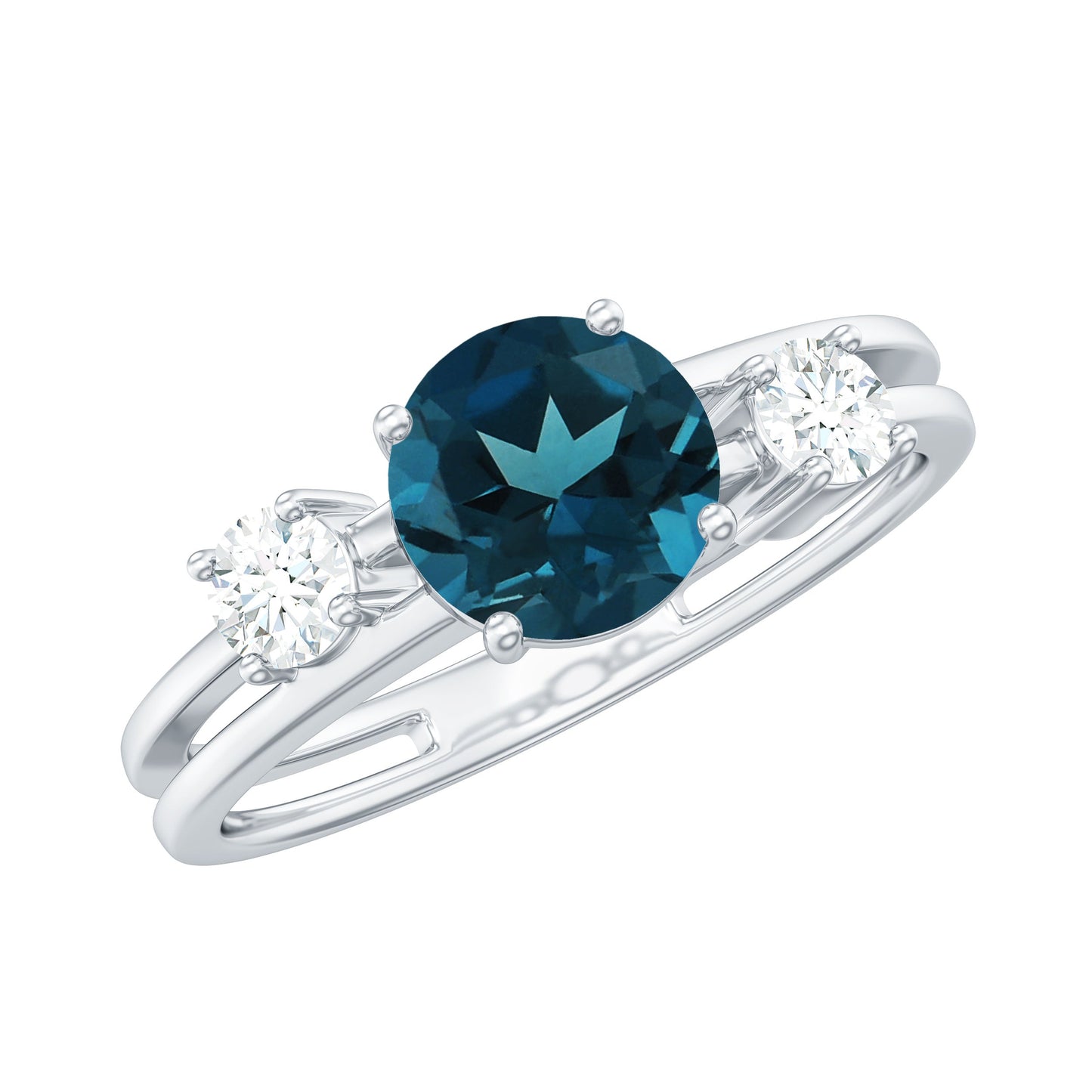 1.3 Carat Round London Blue Topaz Double Band Engagement Ring with Diamond