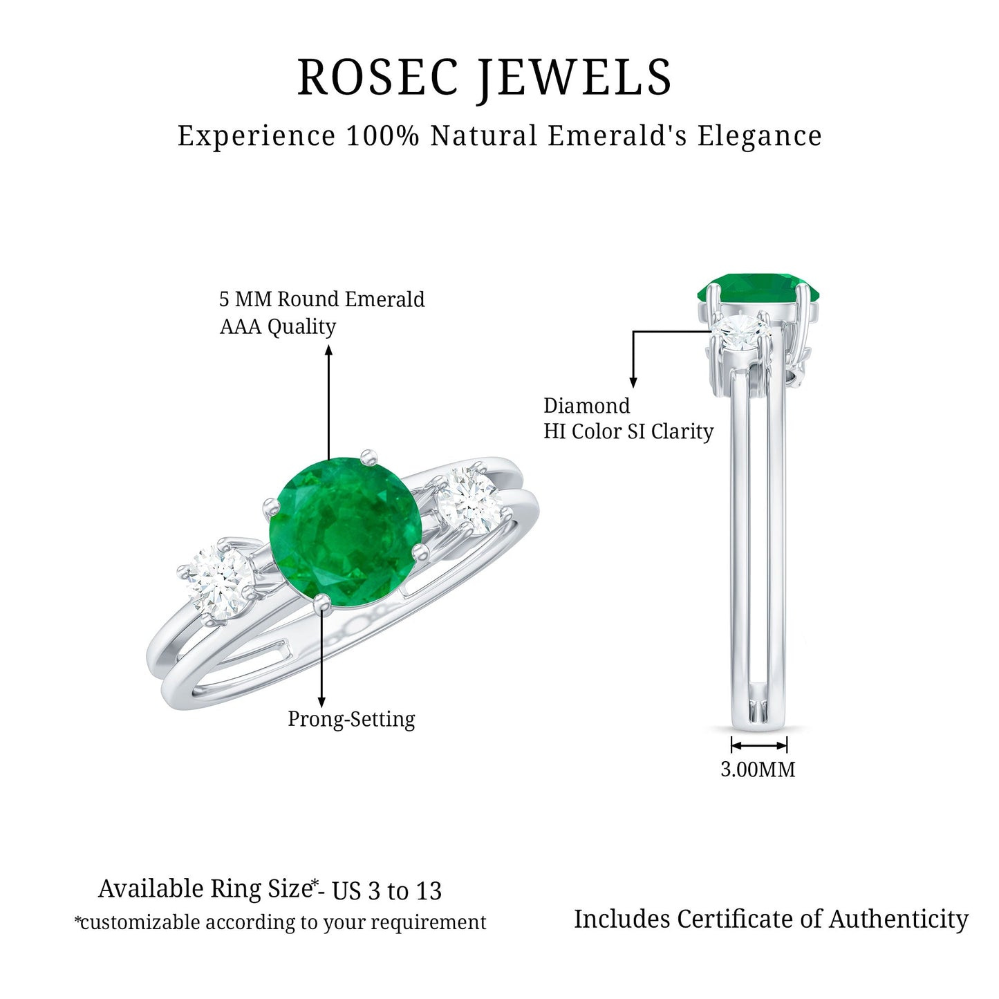 Natural Emerald Diamond Three Stone Engagement Ring