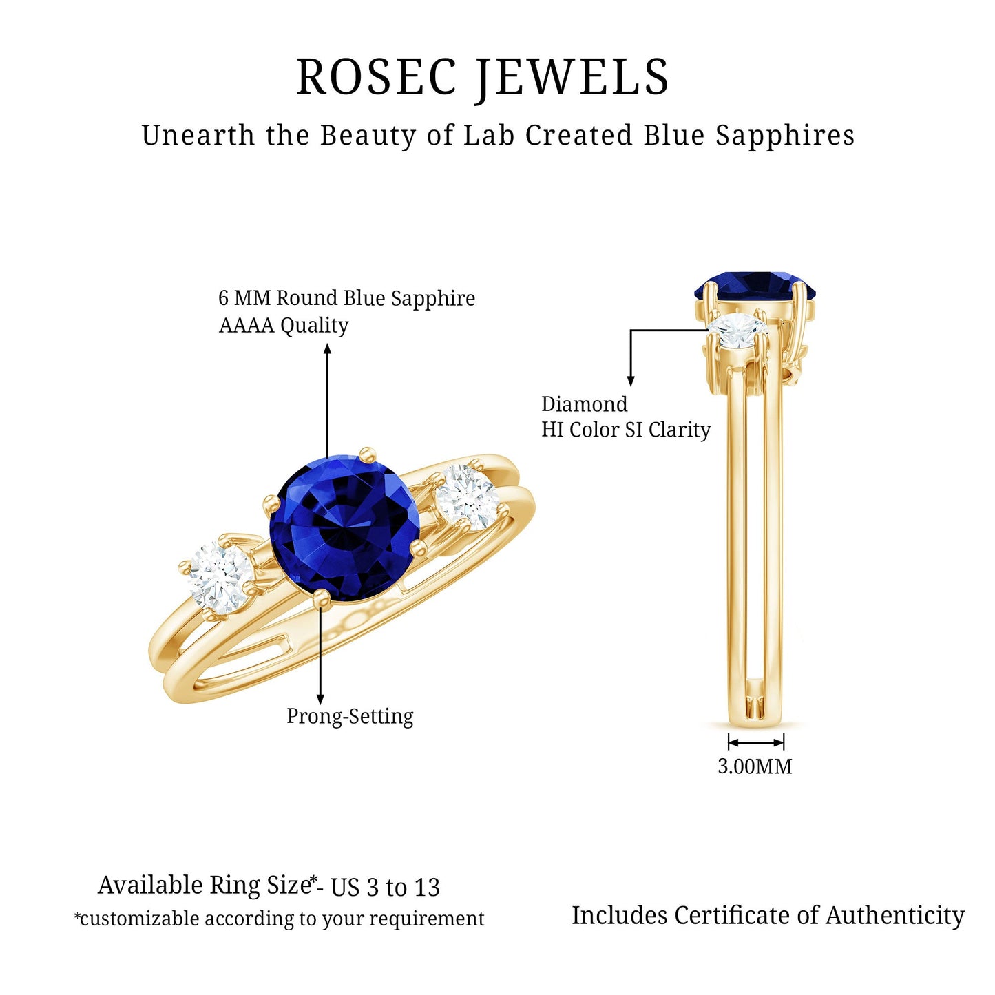 Certified 1 Carat Lab Grown Blue Sapphire Double Band Engagement Ring with Diamond