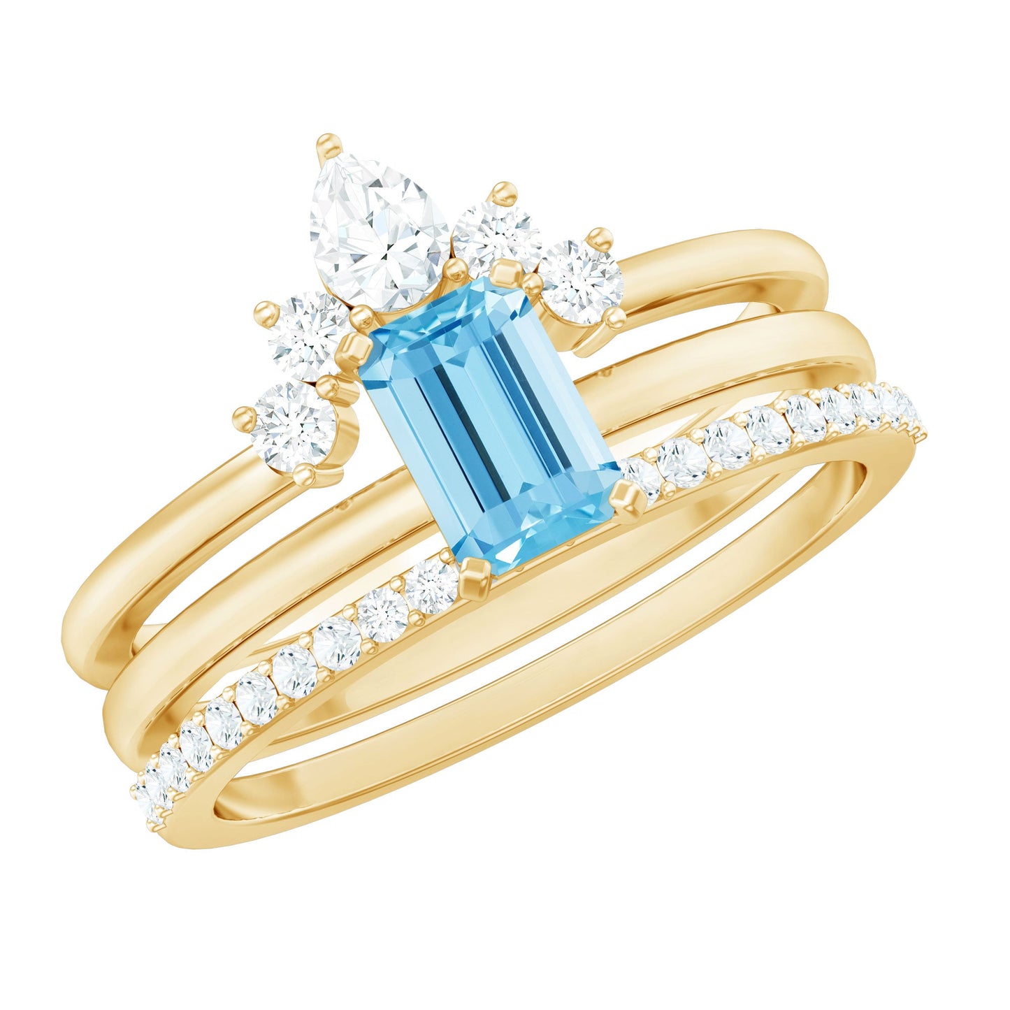 Emerald Cut 0.6 Carat Aquamarine Solitaire Ring Set of 3 with Diamond