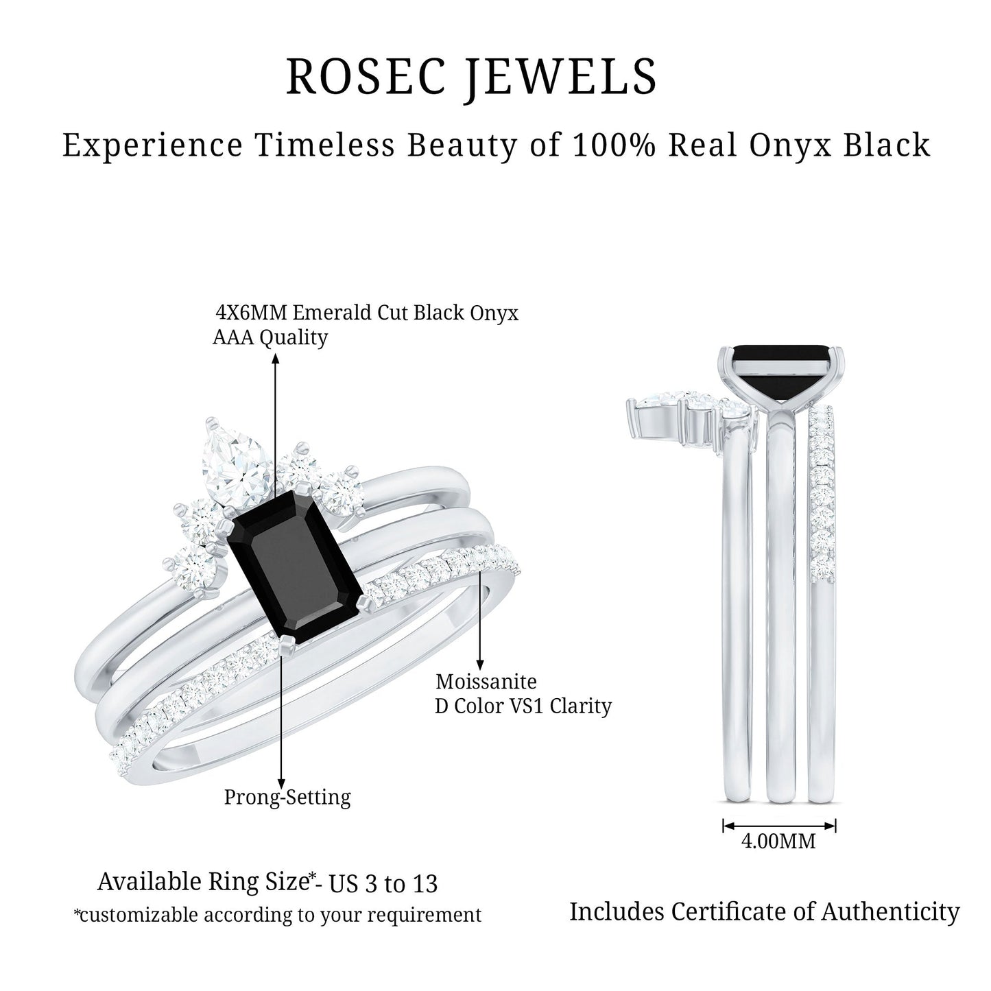 Emerald Cut Black Onyx and Diamond Trio Wedding Ring Set