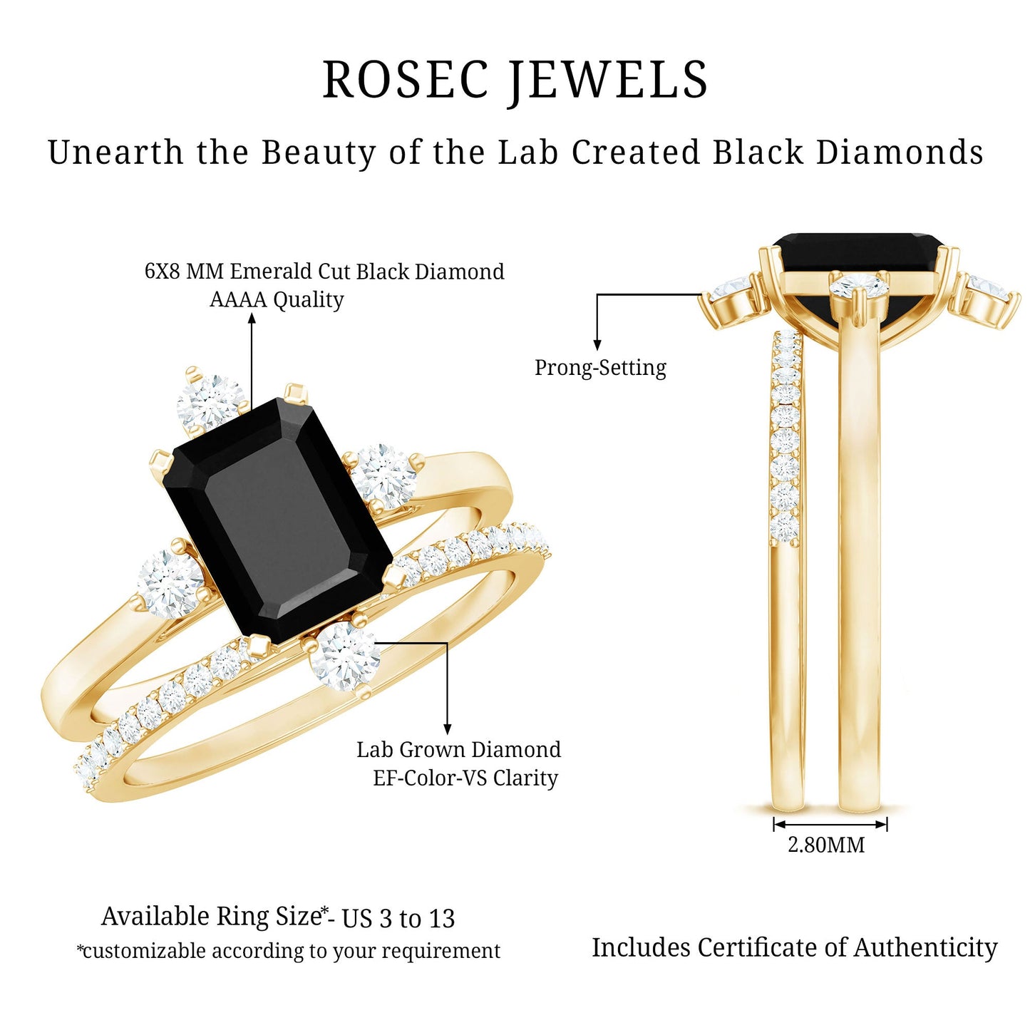 Certified 1.6 Carat Emerald Cut Lab Grown Black and White Diamond Engagement Ring with Enhancer