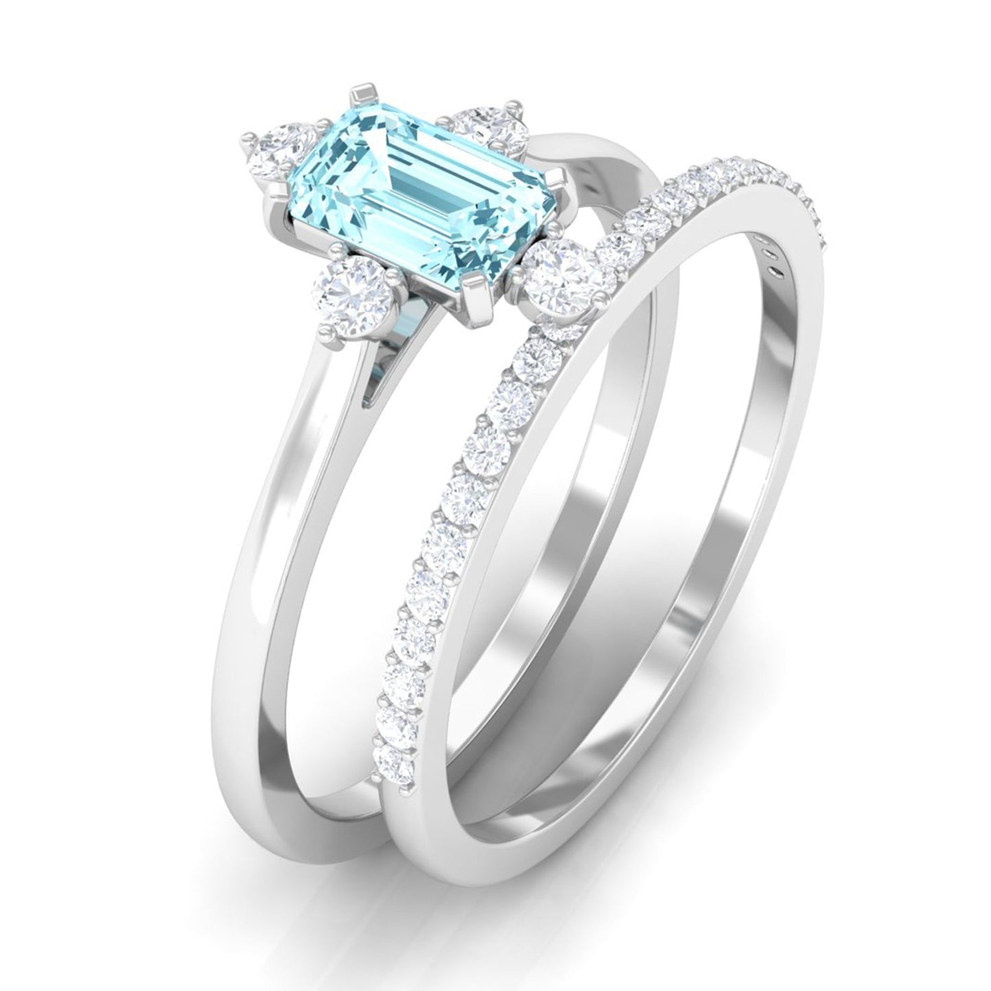 Emerald Cut Genuine Aquamarine and Diamond Designer Engagement Ring Set