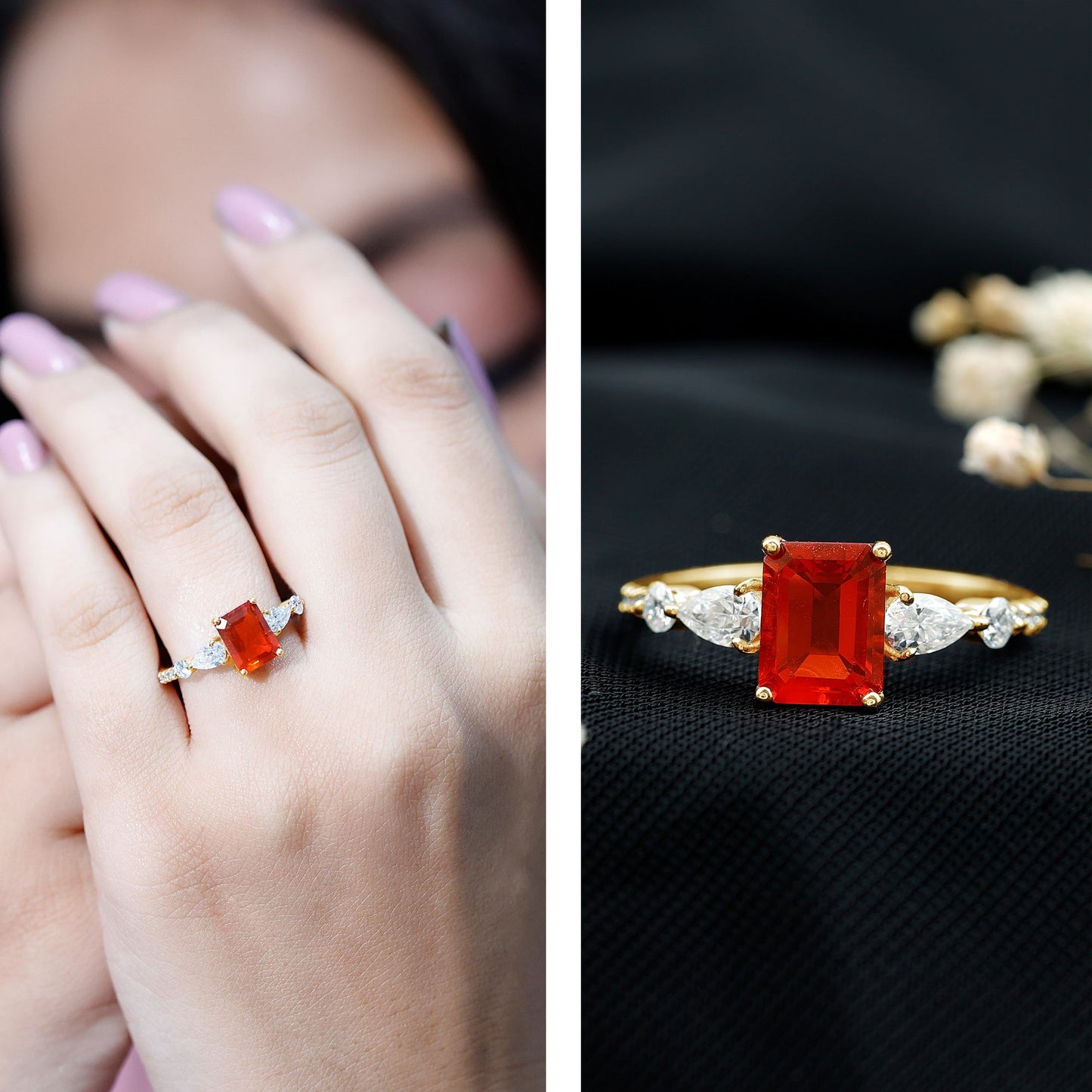 1 Carat Fire Opal Emerald Cut Engagement Ring with Diamond Side Stones